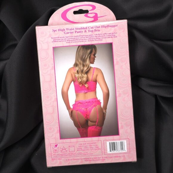 Pink Lace Bra Panty Garter Set 3 Piece One Size G World Intimates - Picture 6 of 9